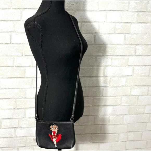 Vtg Betty Boop Embroidered Leather Crossbody Bag Black 90s Rare Novelty Pop Art - Picture 4 of 14